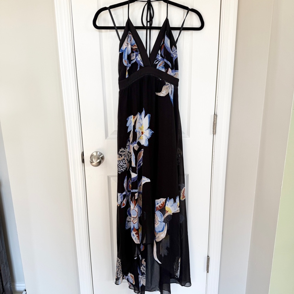 White House Black Market NWT Floral Print Halter Hi-Low Black Dress Size 00